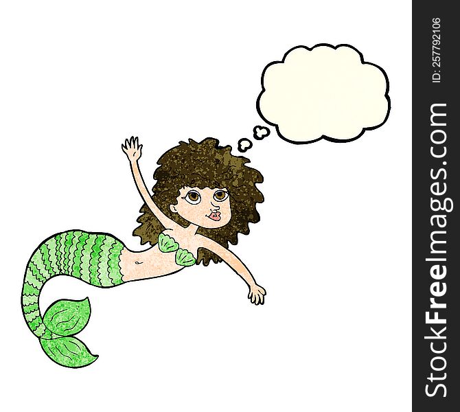 cartoon pretty mermaid waving with thought bubble