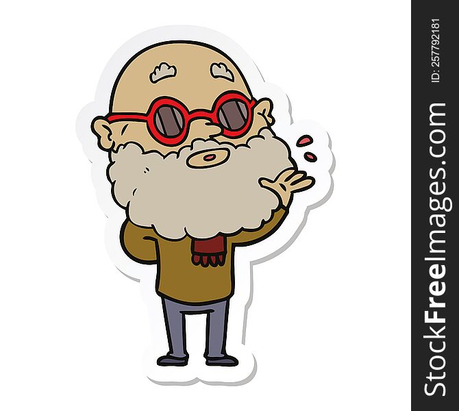 sticker of a cartoon curious man with beard and sunglasses