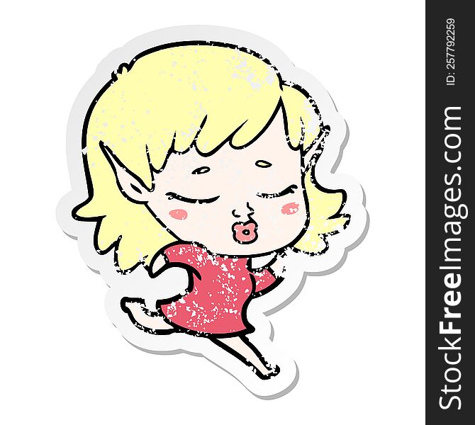 Distressed Sticker Of A Pretty Cartoon Elf Girl Running