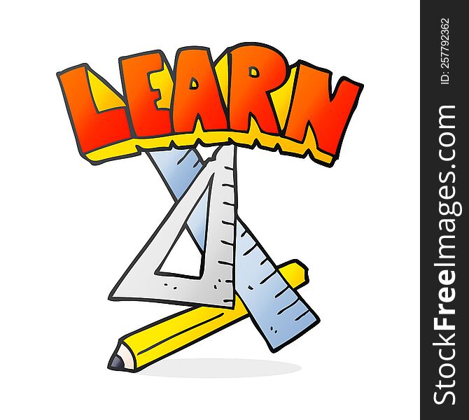 cartoon pencil and ruler under Learn symbol