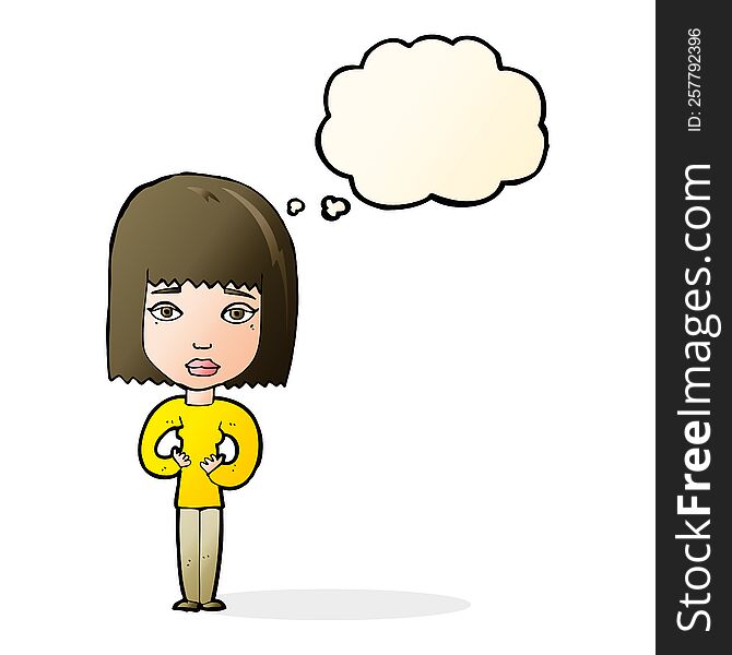 cartoon woman indicating self with thought bubble