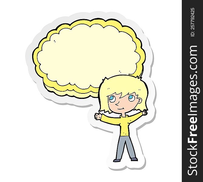 sticker of a cartoon woman with text cloud space
