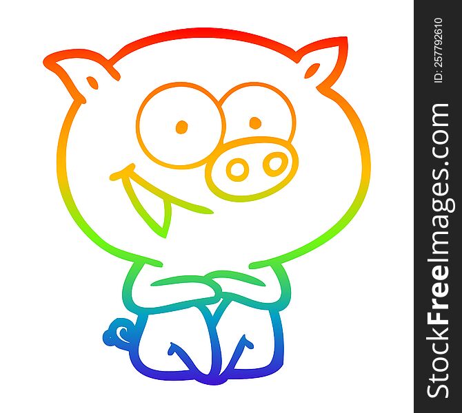 rainbow gradient line drawing of a cheerful sitting pig cartoon