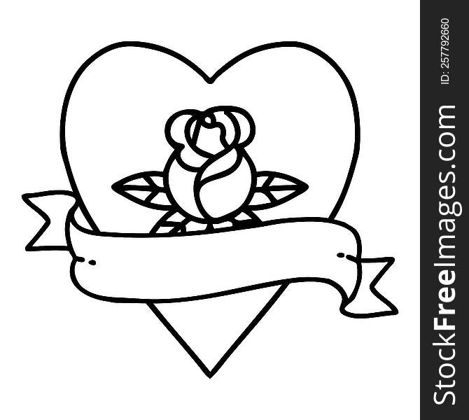 tattoo in black line style of a heart rose and banner. tattoo in black line style of a heart rose and banner