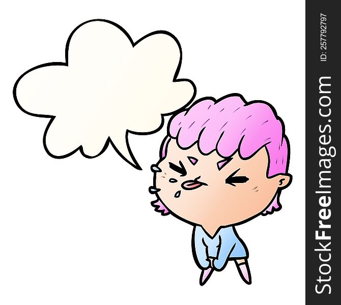 Cute Cartoon Rude Girl And Speech Bubble In Smooth Gradient Style