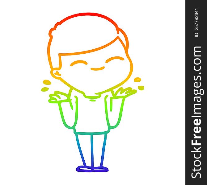 Rainbow Gradient Line Drawing Cartoon Smiling Boy Shrugging Shoulders