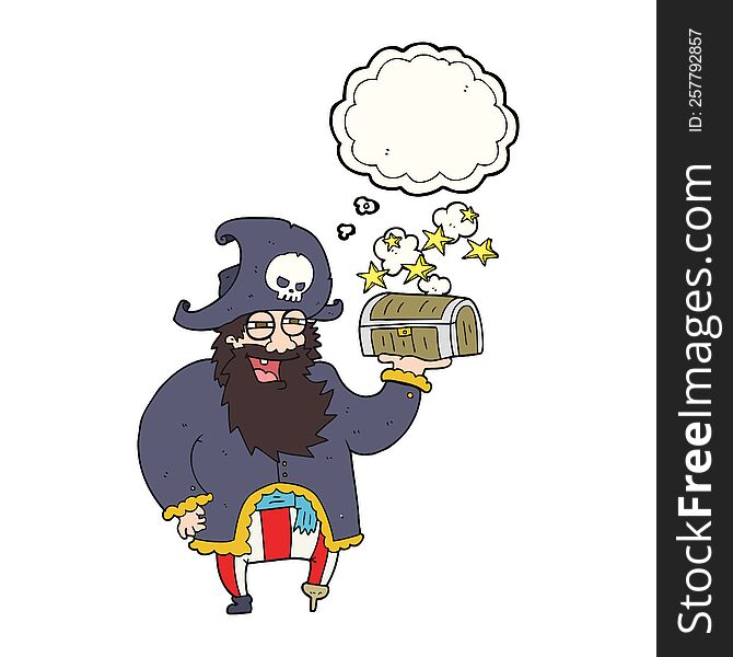 freehand drawn thought bubble cartoon pirate captain with treasure chest