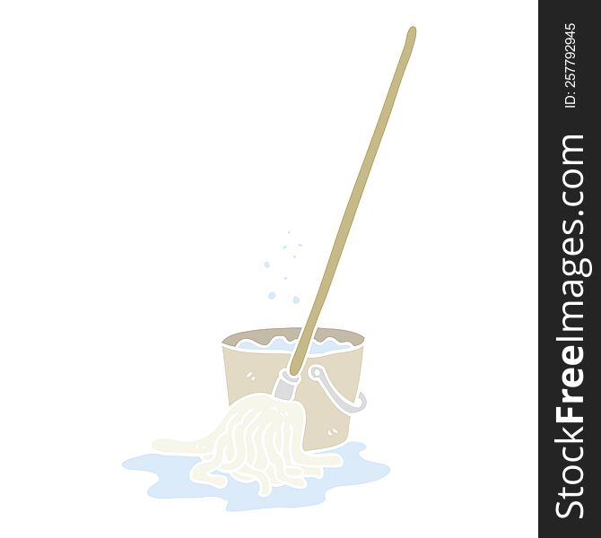 Flat Color Illustration Of A Cartoon Mop And Bucket