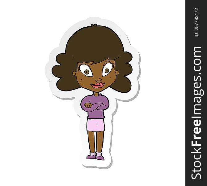 Sticker Of A Cartoon Happy Woman With Folded Arms