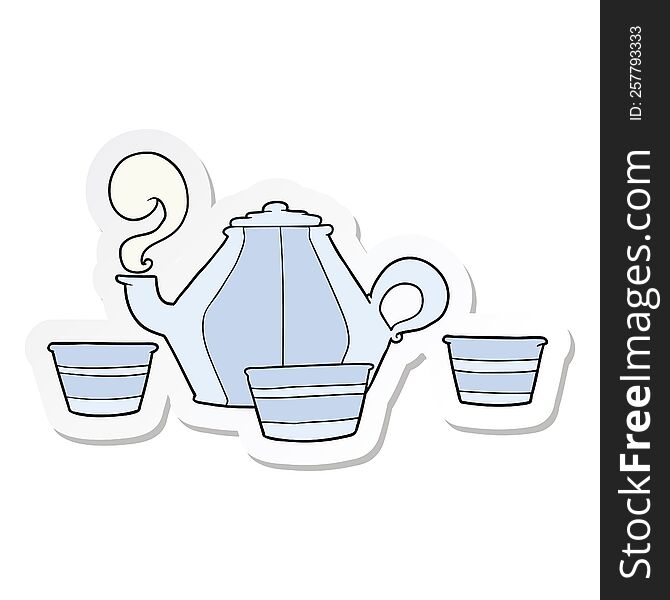 Sticker Of A Cartoon Teapot And Cups