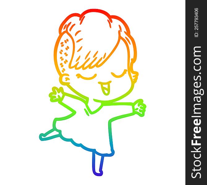 Rainbow Gradient Line Drawing Happy Cartoon Girl Dancing