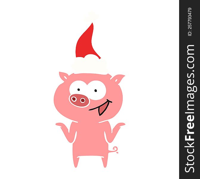 hand drawn flat color illustration of a pig with no worries wearing santa hat