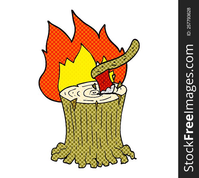 freehand drawn cartoon axe in a flaming tree stump. freehand drawn cartoon axe in a flaming tree stump