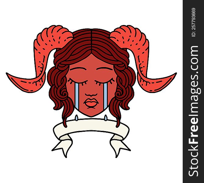 Crying Tiefling Character Face With Scroll Banner Illustration