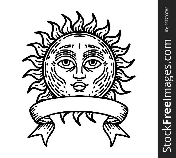 traditional black linework tattoo with banner of a sun with face