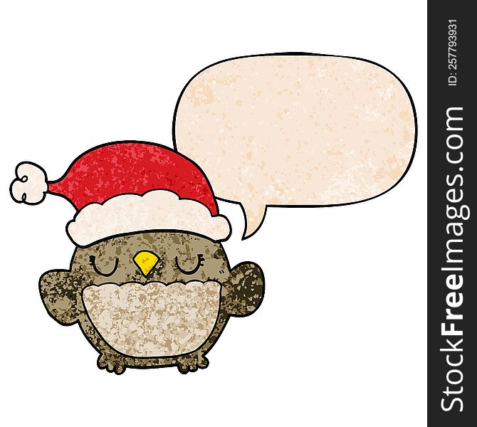 Cute Christmas Owl And Speech Bubble In Retro Texture Style