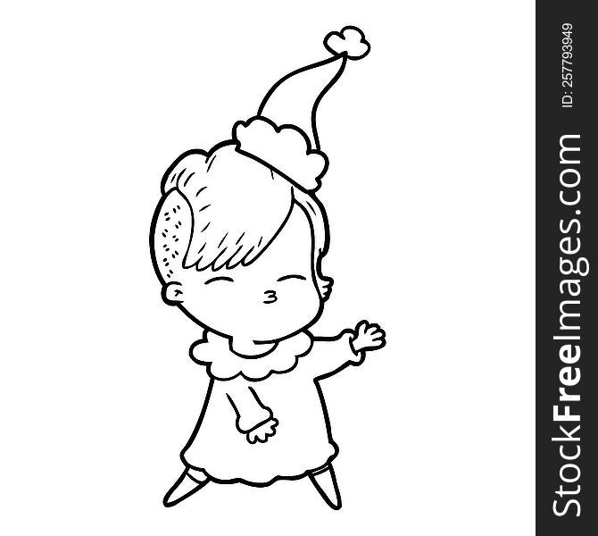 hand drawn line drawing of a squinting girl wearing santa hat