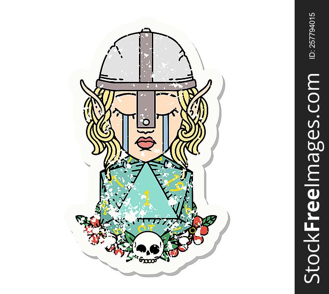 Sad Elf Fighter Character With Natural One D20 Roll Grunge Sticker