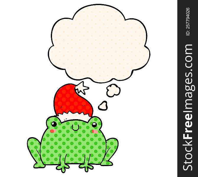 cute cartoon christmas frog with thought bubble in comic book style