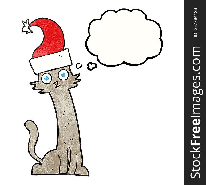 freehand drawn thought bubble textured cartoon cat in christmas hat