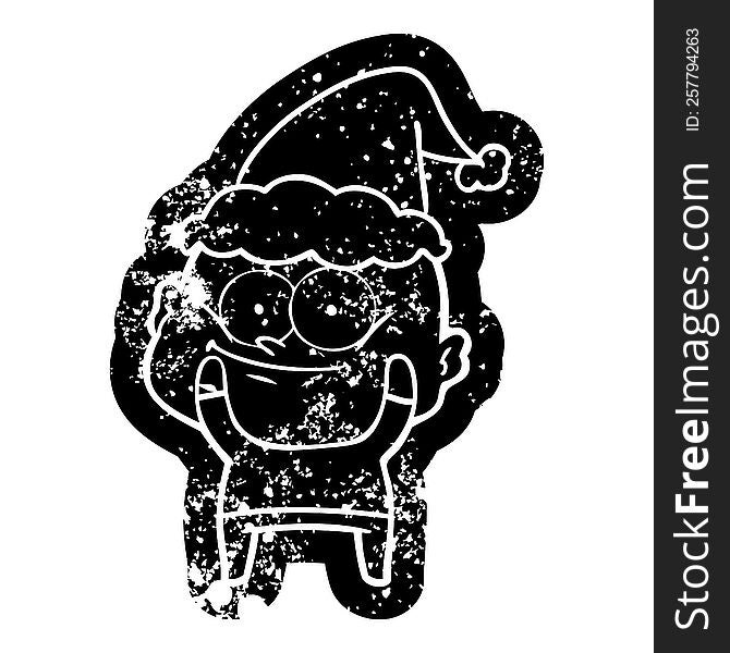 quirky cartoon distressed icon of a bald man staring wearing santa hat