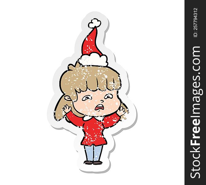 Distressed Sticker Cartoon Of A Worried Woman Wearing Santa Hat