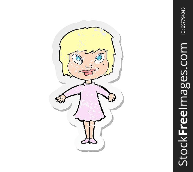 retro distressed sticker of a cartoon girl shrugging shoulders