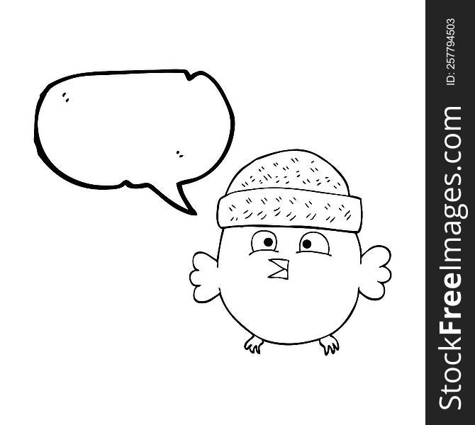 freehand drawn speech bubble cartoon owl wearing hat