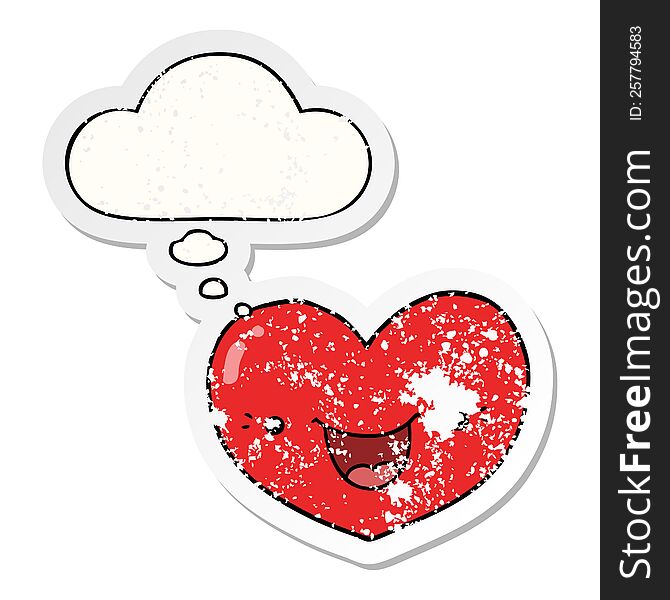 cartoon love heart character with thought bubble as a distressed worn sticker