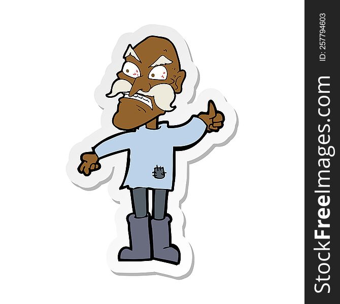 sticker of a cartoon angry old man in patched clothing