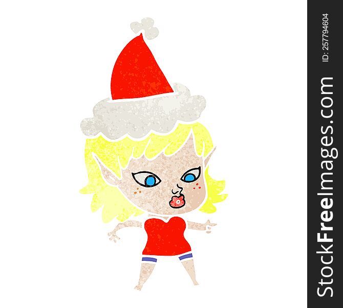 Pretty Retro Cartoon Of A Elf Girl Wearing Santa Hat