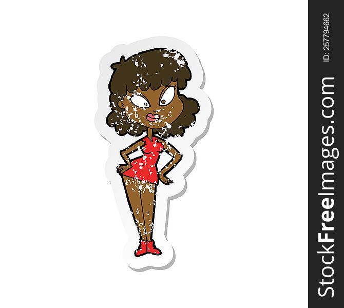 retro distressed sticker of a cartoon woman with hands on hips