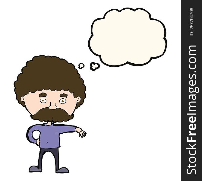 Cartoon Man With Mustache Making Camp Gesture With Thought Bubble