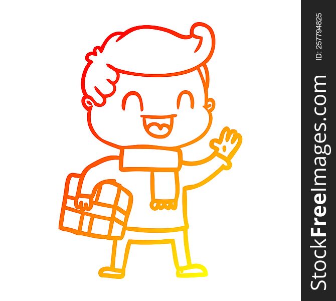 warm gradient line drawing of a cartoon laughing man holding gift