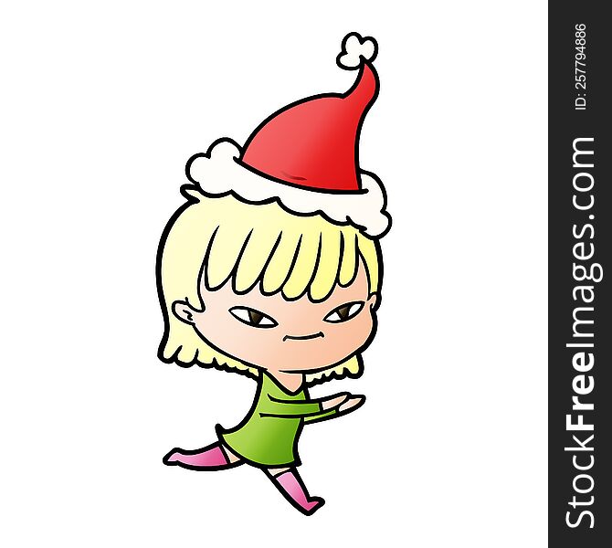 hand drawn gradient cartoon of a woman wearing santa hat