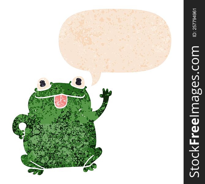 cartoon frog with speech bubble in grunge distressed retro textured style. cartoon frog with speech bubble in grunge distressed retro textured style