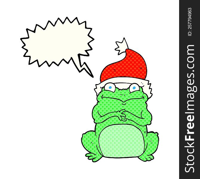 freehand drawn comic book speech bubble cartoon frog wearing christmas hat