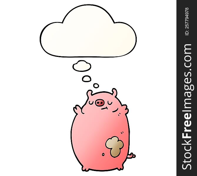 Cartoon Fat Pig And Thought Bubble In Smooth Gradient Style