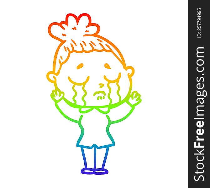Rainbow Gradient Line Drawing Cartoon Crying Woman