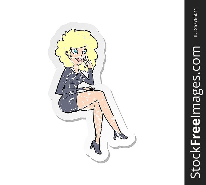 retro distressed sticker of a cartoon office woman sitting