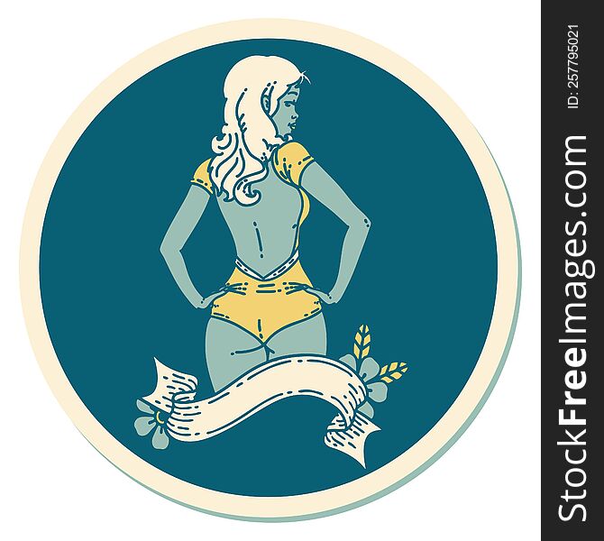 sticker of tattoo in traditional style of a pinup swimsuit girl with banner. sticker of tattoo in traditional style of a pinup swimsuit girl with banner