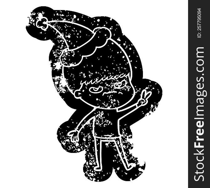 annoyed quirky cartoon distressed icon of a boy wearing santa hat