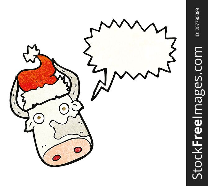 freehand speech bubble textured cartoon cow wearing christmas hat