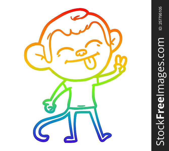 rainbow gradient line drawing of a funny cartoon monkey making peace sign