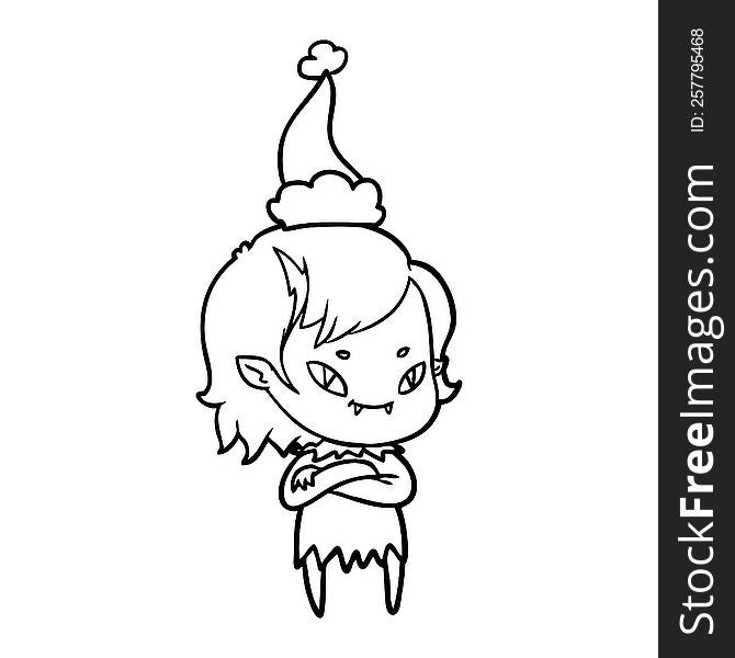 hand drawn line drawing of a friendly vampire girl wearing santa hat