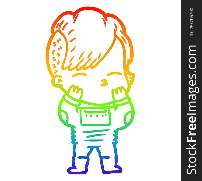 Rainbow Gradient Line Drawing Cartoon Girl Wearing Futuristic Clothes