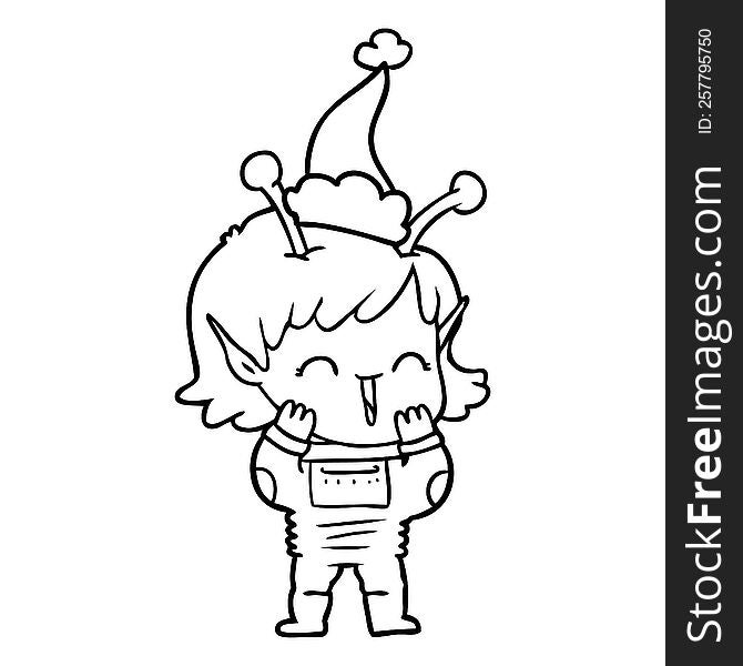 hand drawn line drawing of a alien girl giggling wearing santa hat