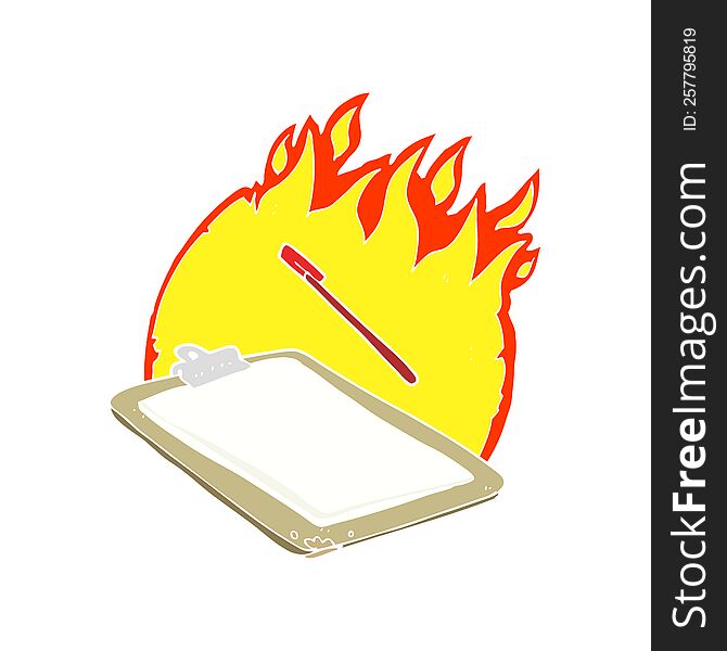 Flat Color Illustration Of A Cartoon Clip Board On Fire