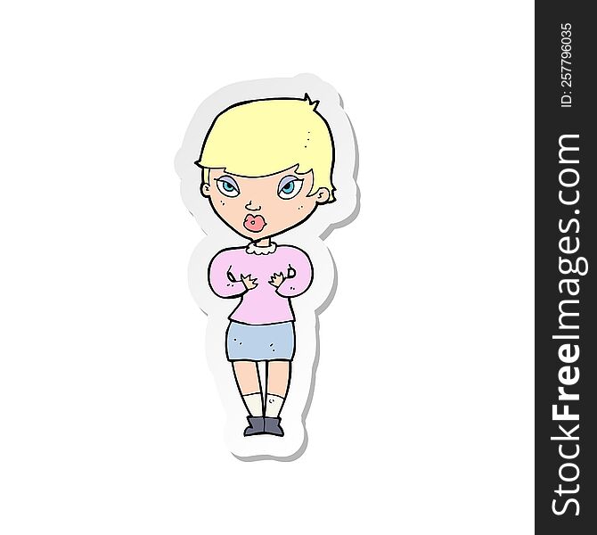 sticker of a cartoon woman gesturing at self