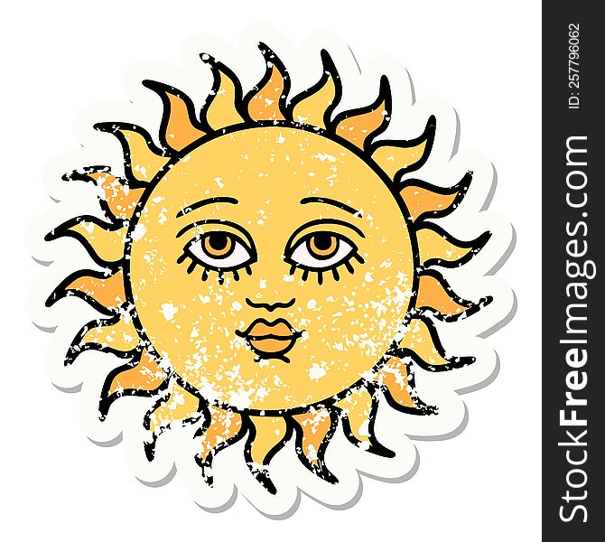 distressed sticker tattoo in traditional style of a sun with face. distressed sticker tattoo in traditional style of a sun with face